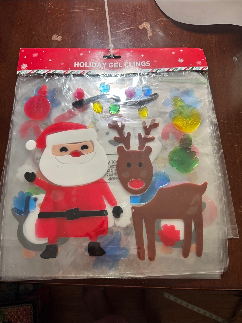 Holiday Gel Clings - Santa & Reindeer Window Decor (Red, Brown, White) 8 pk